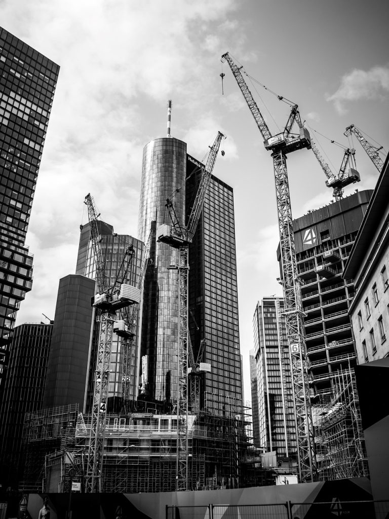 city, frankfurt, construction, skyscraper, germany, frankfurt am main germany, cranes, building, cityscape, urban, horizon, banks, architecture, modern, center, construction site, property, europe, monochrome, construction worker, skyscrapers